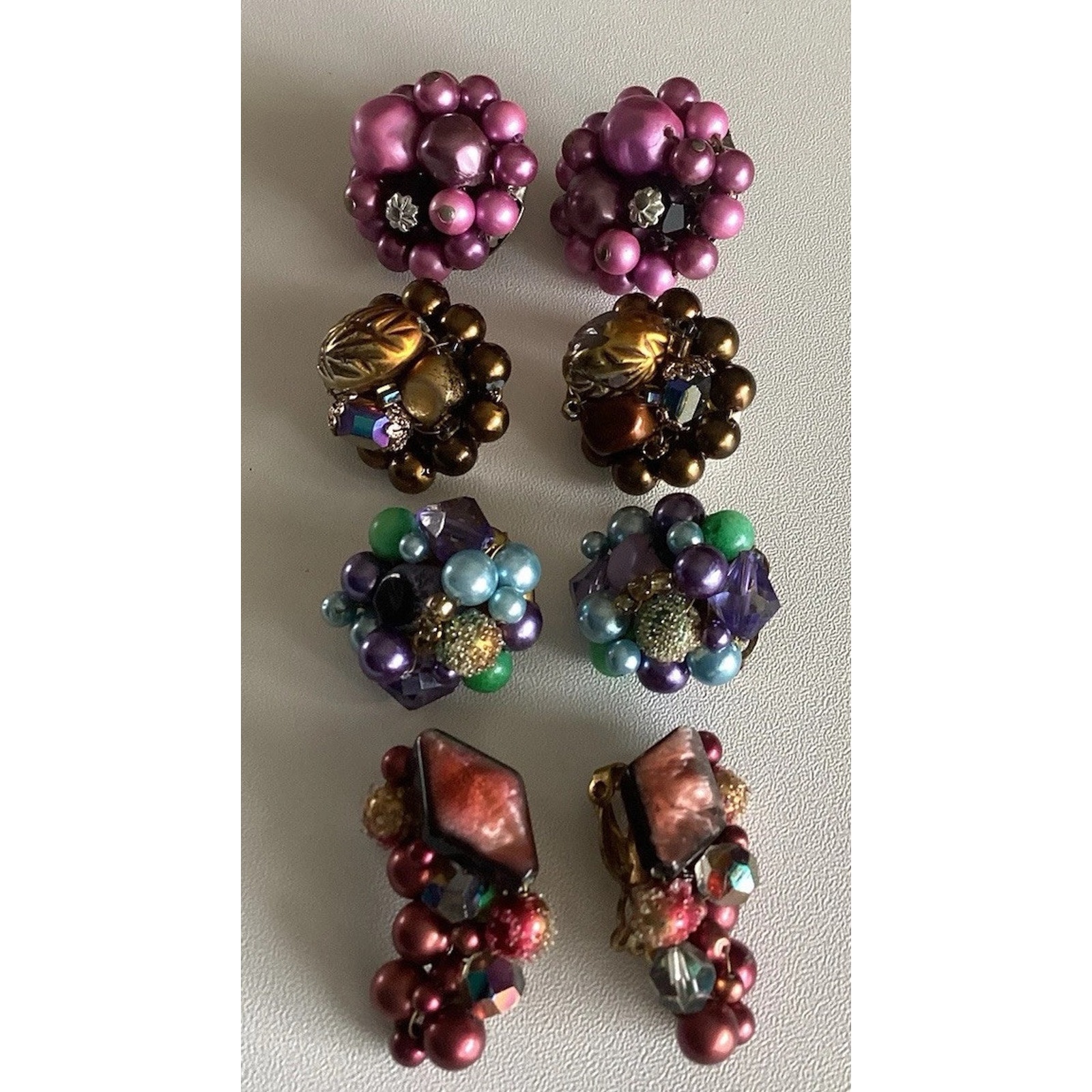 Vintage Japan Jewelry Clip On Earrings Pearl Gemstone Beads 4 Assorted Pairs 20$